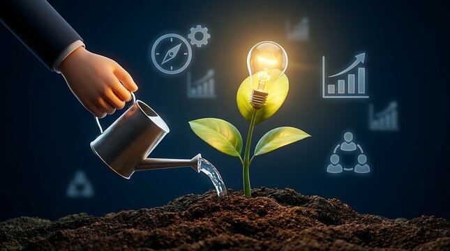 A hand watering a small green plant growing from soil with digital business growth icons and a glowing light bulb representing innovation and success