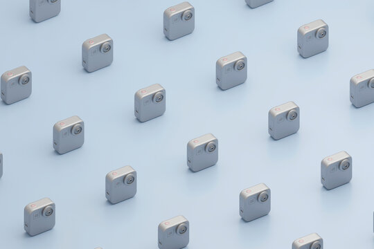 3D render of compact action camera pattern on blue background
