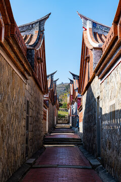 Taiwan, Kinmen, Jinsha, Alley between traditional houses in Kinmen Folk Culture Village