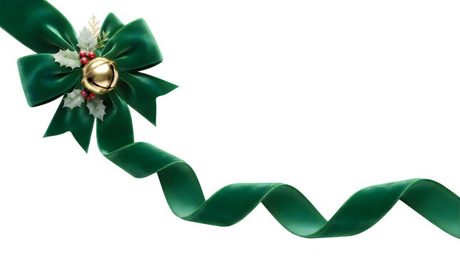 Elegant dark green christmas ribbon bow with decorative holly berries and gold bell ornament