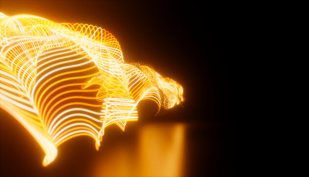 Abstract 3D glowing golden light wave with flowing mesh