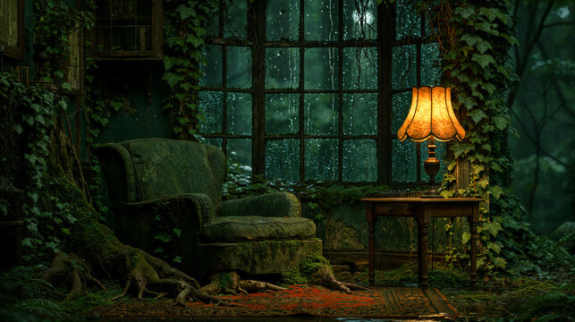 Overgrown armchair and glowing lamp in an abandoned room