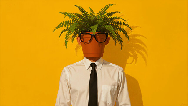 Businessman with a terracotta pot head and fern leaves on yellow. Surreal office worker in a white shirt and tie wearing glasses on a plant. Creative growth metaphor for eco-friendly business.