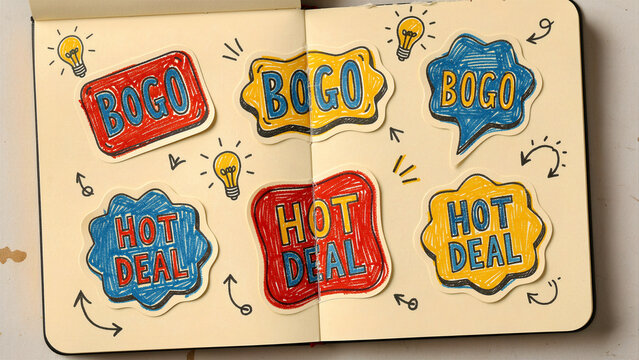 BOGO and Hot Deal sketches in a notebook. Colorful hand-drawn labels for marketing brainstorms. Promotional sales concept for retail campaign.