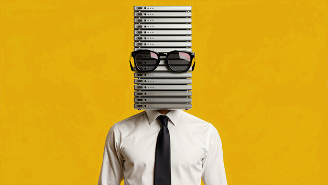 Businessman with a stack of servers as a head wearing sunglasses. Conceptual representation of artificial intelligence and data storage systems. Tech infrastructure and big data management concept.