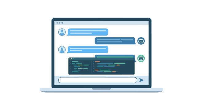Modern laptop displaying an AI chatbot conversation generating programming code in terminal window flat vector illustration.