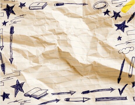 A crumpled graph paper with blue ink hand drawn doodles border