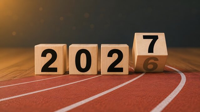 Wooden blocks showing the year 2027 flipping from 2026 on a red athletic running track representing a new year transition and goal setting concept for the future celebration