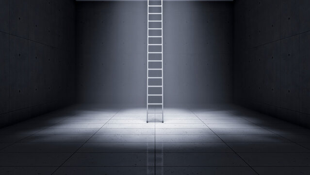 3D rendering of a ladder in a dark concrete room under a spotlight