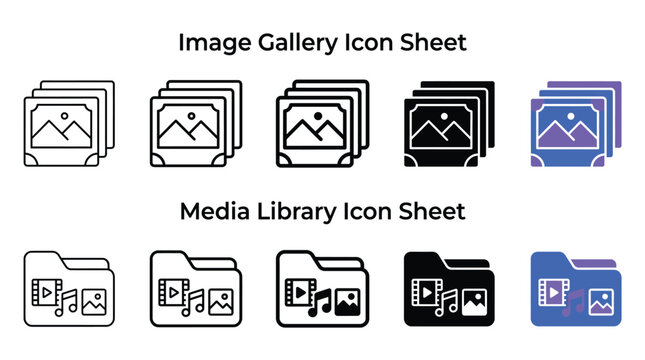 Versatile collection of flat vector icon sets showcasing image gallery stacks and media library folders for modern digital interface design projects on a white background