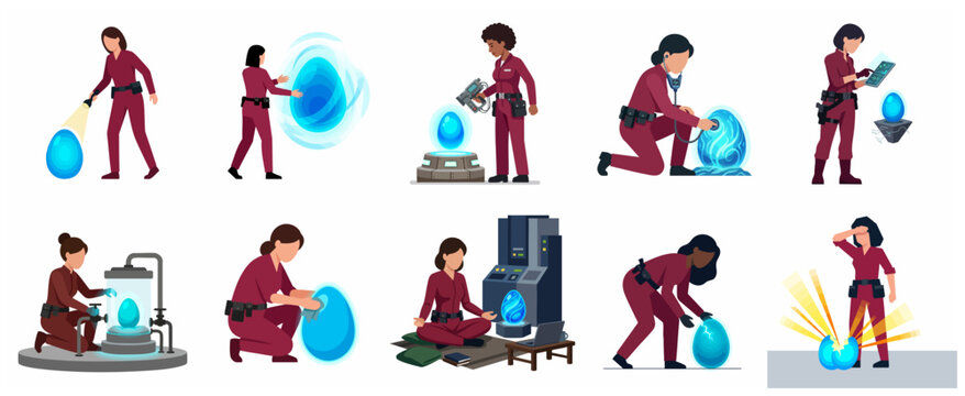 Set of female sci-fi explorers and scientists interacting with a mysterious glowing blue alien egg, laboratory research and discovery concept flat vector illustration.