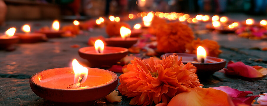 diwali celebration at temple ghats with diyas and flowers