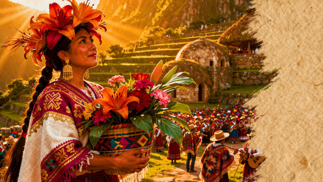 Woman in traditional Peruvian clothing holding a flower basket at an ancient mountain site. Traditional festival featuring colorful embroidery and floral headdress. Cultural heritage tourism concept.