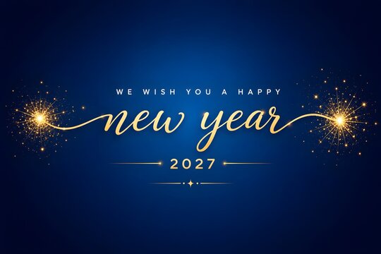 Happy new year 2027 greeting card with elegant gold cursive text and bright glowing fireworks on a dark blue background for a festive celebration and holiday season invitation design