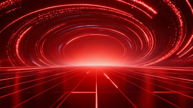 Red futuristic digital vortex portal featuring neon light trails and high tech data grid perspective background