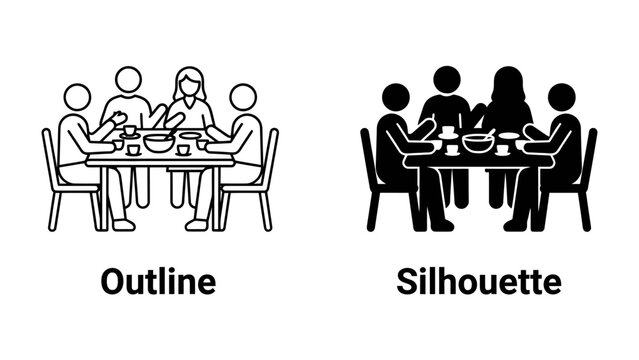Family Mealtime Icon: Two contrasting icon styles, outline and silhouette, depict a family gathered around a dining table, enjoying a meal together, symbolizing togetherness and shared moments.