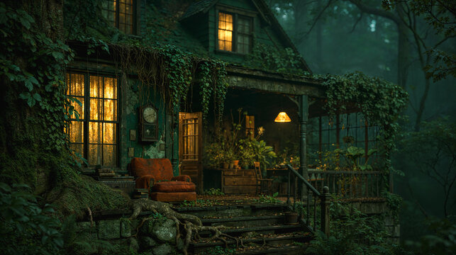 Overgrown forest cottage with glowing windows and old porch