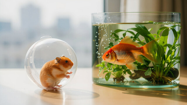 Hamster in a clear plastic ball looking at a goldfish inside a glass aquarium. Small pets interacting in a bright indoor room. Themes of curiosity and companionship for pet care marketing.