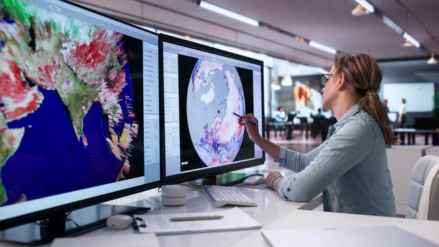 Woman Studies Climate Forecast Map