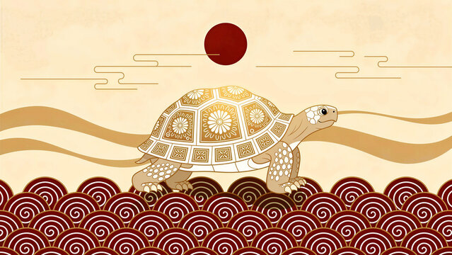 Stylized turtle walking on traditional Japanese wave patterns under a red sun. Decorative illustration featuring shell details and clouds. Longevity symbol ideal for cultural design projects.