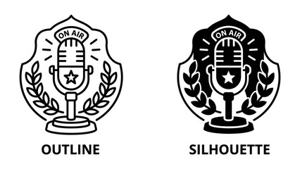 Fototapeta premium Microphone Emblem: Two stylized emblems featuring a vintage microphone with ON AIR text and laurel branches, one in outline and the other in silhouette, represent broadcasting and performance.