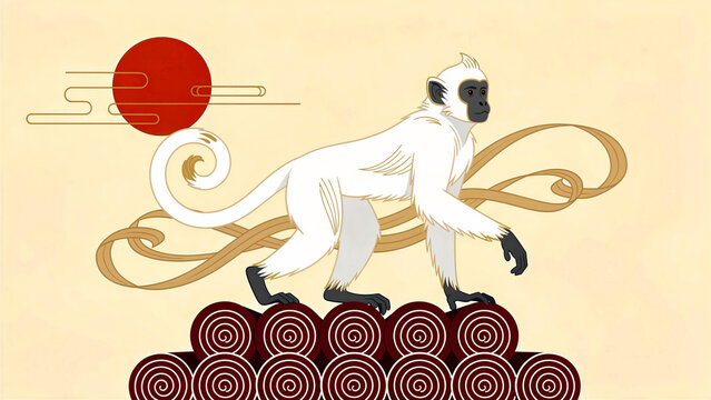 White monkey walking on stylized patterns under a red sun. Traditional East Asian illustration with minimal motifs. Cultural art concept, ideal for Asian heritage and nature design themes.