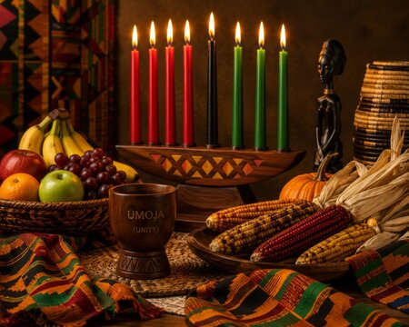 Kwanzaa celebration with Kinara candles, unity cup, corn and traditional African decorations