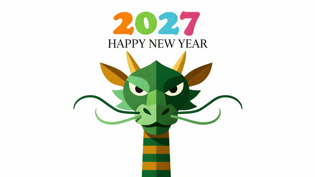 Stylized green dragon illustration with 2027 Happy New Year text. Modern geometric dragon head on white background with colorful typography. Festive greeting concept for lunar year marketing.