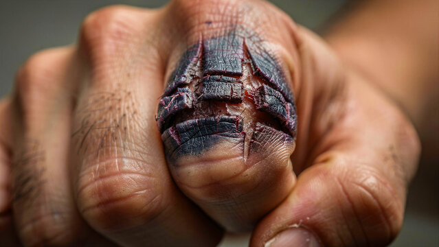 Close-up of a severely bruised and cracked finger wound. Macro shot showing deep skin fissures and necrotic tissue on a digit. Medical trauma concept for healthcare and injury education.