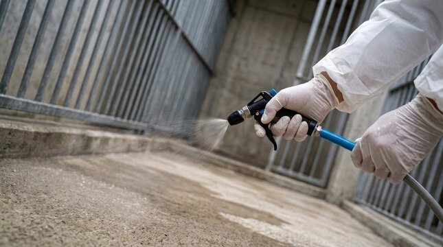 Close-up shot of hands in protective gloves operating a high-pressure water spray nozzle to wash and sanitize the concrete floor inside a big cat enclosure.