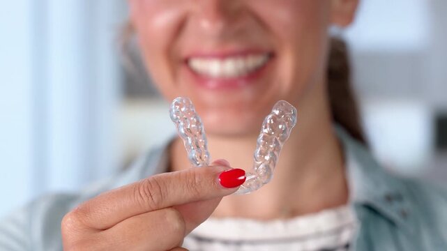 Woman Smiles While Holding Clear Dental Guards