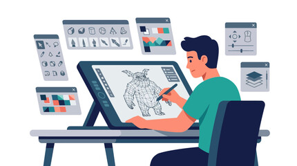 Naklejka premium Professional game developer sculpting a 3D monster character on a graphics tablet flat design vector illustration.