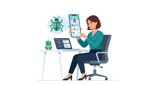 Professional female software tester analyzing mobile application for bugs at office desk flat design vector illustration