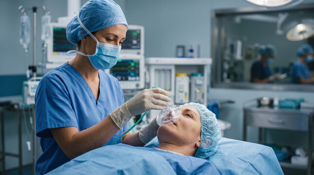 Female anesthesiologist administering anesthesia to patient in operating room