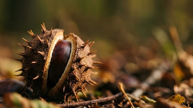 Macro shot of a ripe horse chestnut conker inside its spiky brown shell splitting open on a forest floor covered in dried autumn leaves under warm natural sunlight with bokeh.