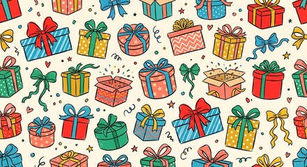 Obraz premium Colorful gift box pattern with ribbon bow on beige background. Festive holiday wrapping paper design. Present for birthday, Christmas and surprise celebration. Decorative cartoon drawing.