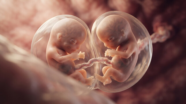 Detailed medical 3D illustration of twin human fetuses developing inside the womb with amniotic sacs and umbilical cords in warm light