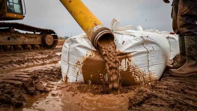 Mud and sediment being pumped through a pipe into a large dewatering bag. Industrial filtration process on a construction site. Sediment control concept for civil engineering and remediation.