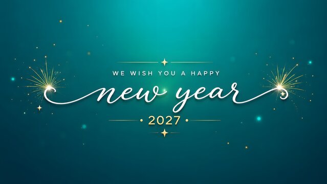 Happy new year 2027 greeting card with elegant white calligraphy text and golden sparkling fireworks on a dark teal background for holiday celebration and festive social media design