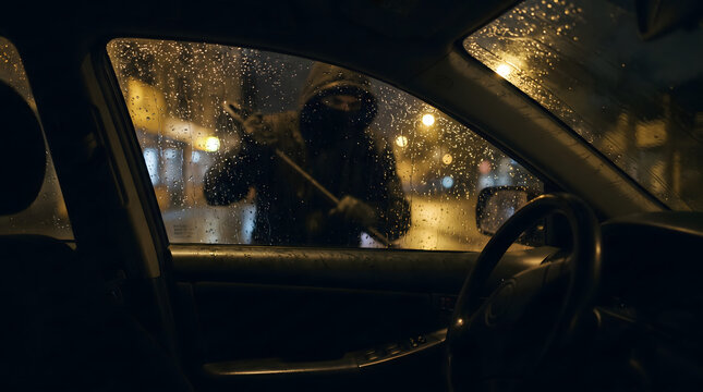 Thief wearing balaclava and hoodie holding crowbar attempting to break into car window on rainy night viewed from inside vehicle