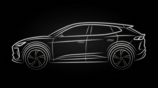 White electric crossover outline against black background dynamic side profile futuristic automotive luxury design.