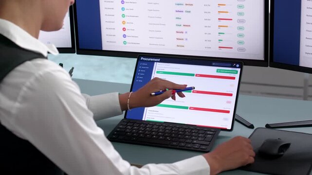 Procurement Manager Carefully Reviewing Supplier Contracts On Laptop