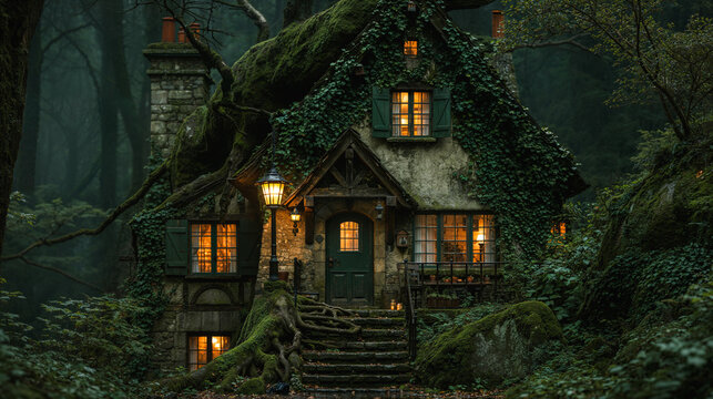 Ivy-covered cottage with glowing windows in a dark forest
