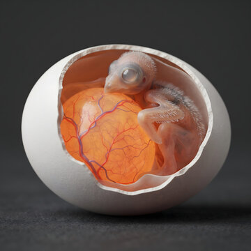 3D scientific illustration of a bird embryo developing inside a cracked egg shell, showing the orange yolk sac with blood vessels