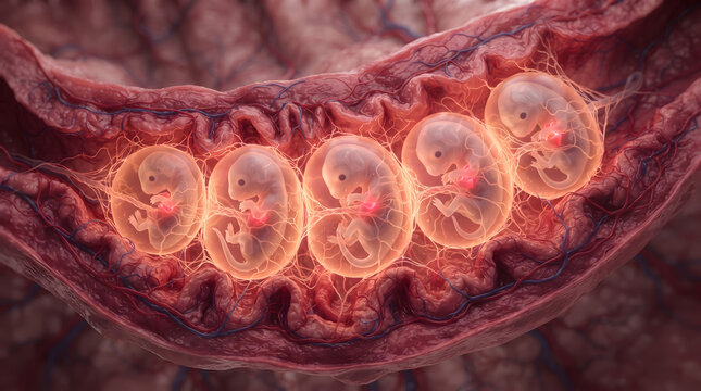 Detailed medical illustration of multiple mammalian embryos developing inside a womb showing amniotic sacs glowing hearts and vascular uterine walls