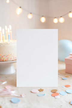 Festive birthday party 5x7 vertical card and invitation mockup featuring a blank paper template with cake and candles.