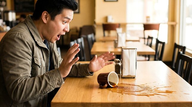 A surprised man reacts to a spilled beverage on a cafe table, excellent for a relatable meme, a humorous news piece, or effective advertising.