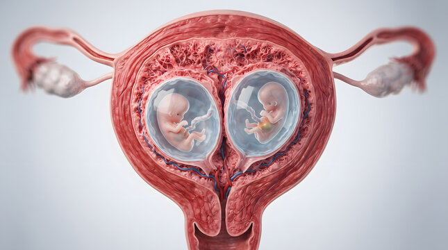 Detailed 3D medical illustration of twin fetuses developing inside a human uterus, showing anatomical cross-section of the female reproductive system.