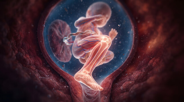 3D medical illustration of a human fetus developing in the womb showing skeletal structure, circulatory system, and placenta