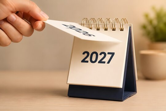 Person hand turning the page of a desk calendar to change the year from 2026 to 2027 on a warm tan background
